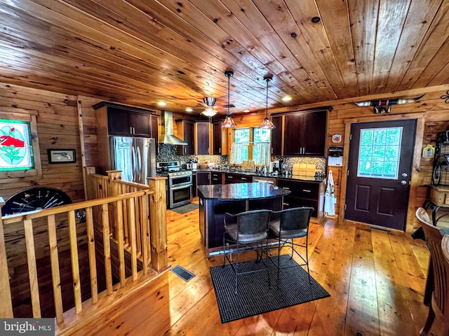 kitchen featuring light wood-type flooring, wooden walls, stainless steel appliances, and wall chimney exhaust hood