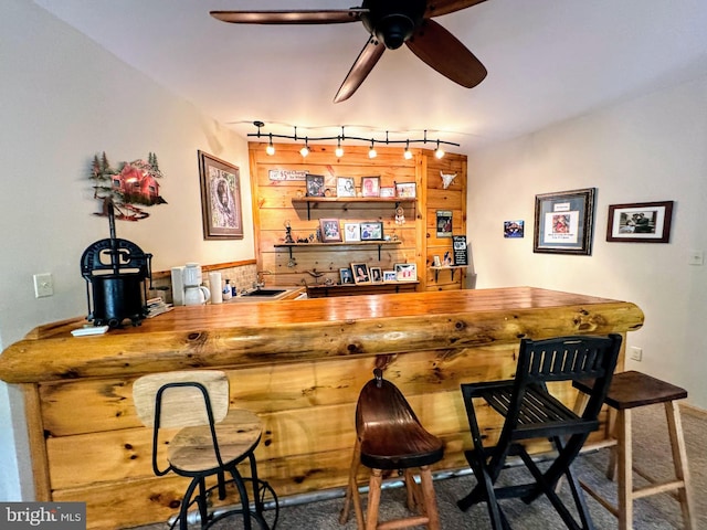 bar featuring rail lighting, carpet, and ceiling fan