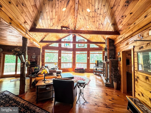 living room featuring wooden walls, wood ceiling, vaulted ceiling with beams, and hardwood / wood-style floors