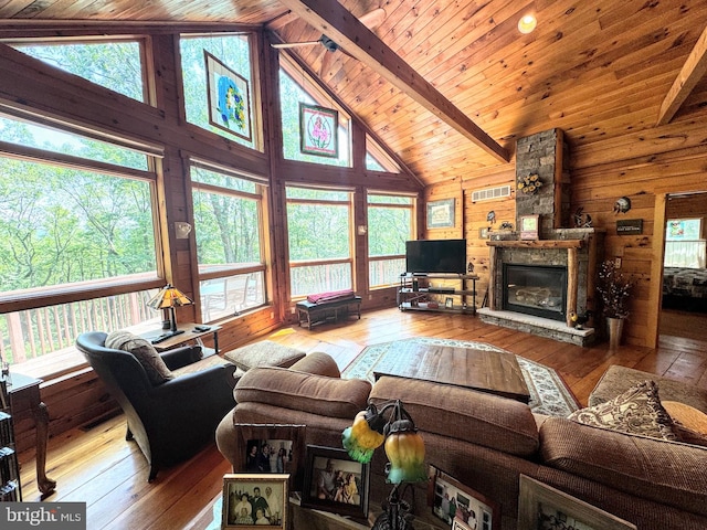 living room featuring plenty of natural light and wood ceiling