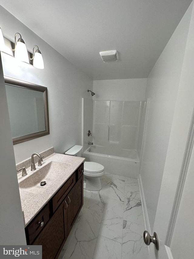 full bathroom featuring shower / bathing tub combination, vanity, and toilet