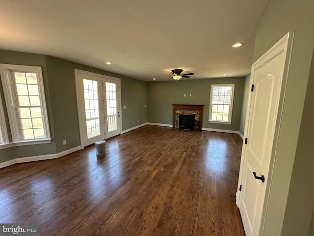 715 Parishville Rd, Gore, VA 22637 - unfurnished living room with dark wood-style flooring, baseboards, a ceiling fan, and recessed lighting