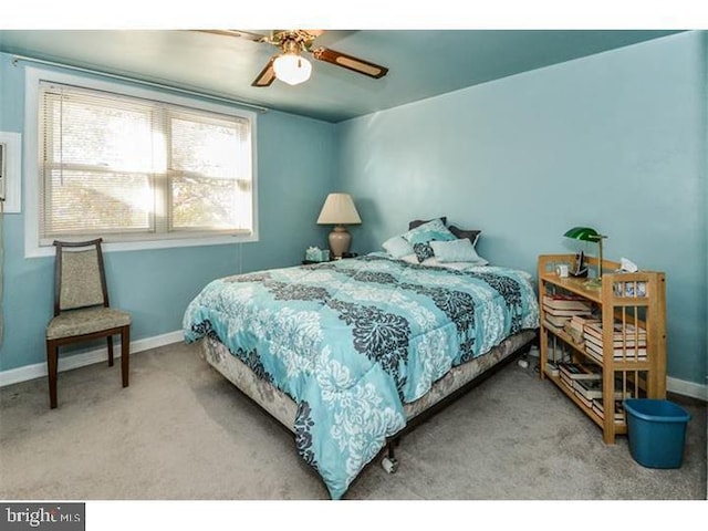 bedroom with ceiling fan and carpet