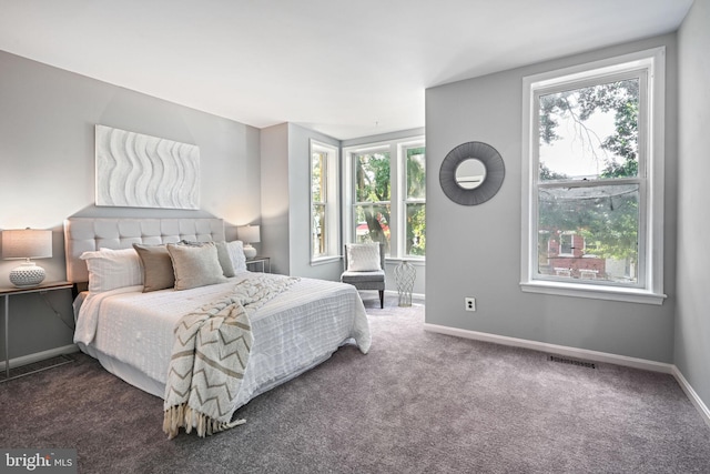 carpeted bedroom featuring multiple windows