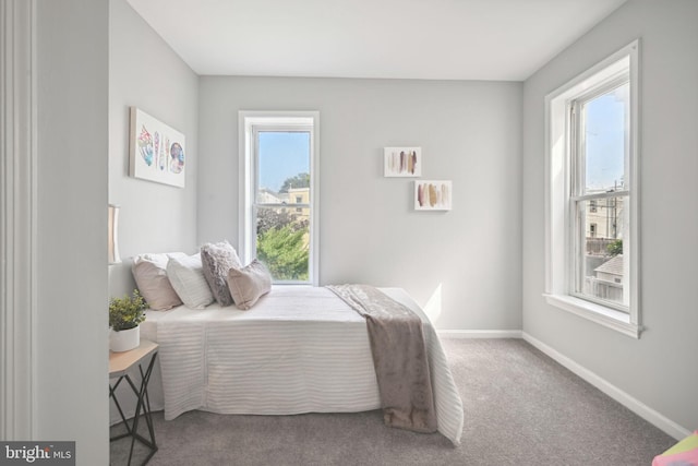 carpeted bedroom featuring multiple windows