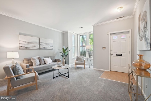 carpeted living room with ornamental molding