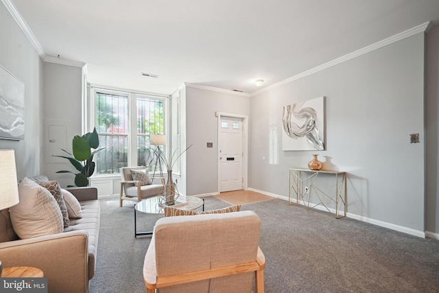 living room featuring ornamental molding and carpet