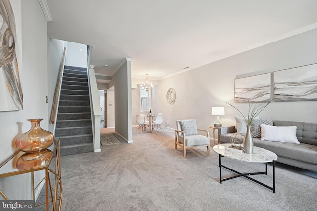 carpeted living room featuring crown molding and a notable chandelier