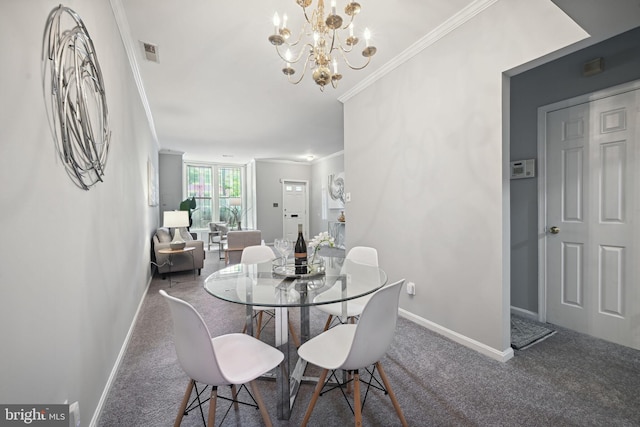 carpeted dining area with ornamental molding and a chandelier