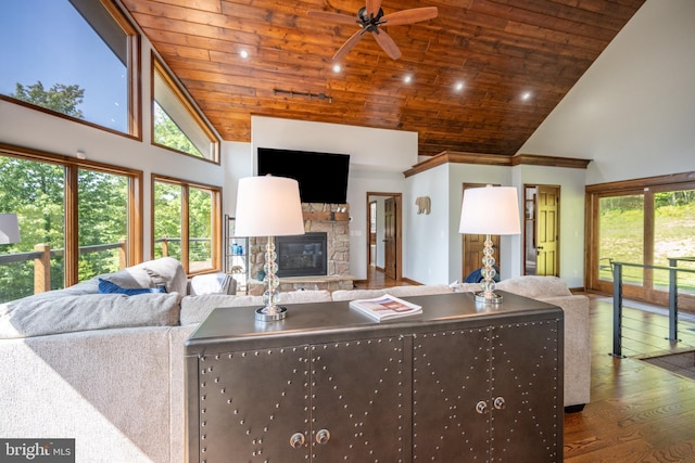 living room with ceiling fan, wooden ceiling, a fireplace, wood-type flooring, and high vaulted ceiling