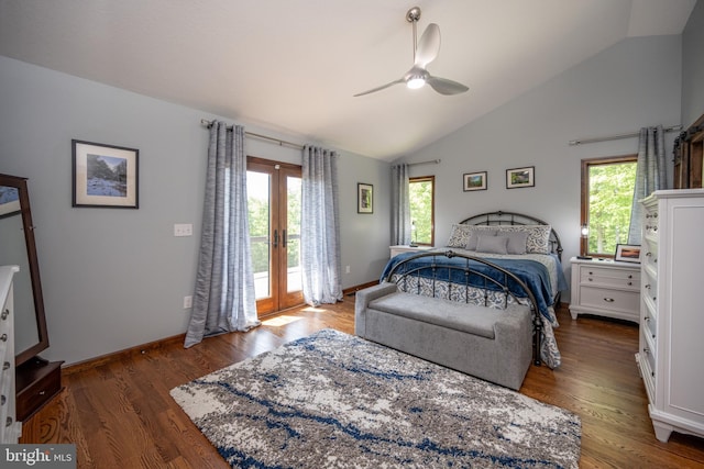 bedroom featuring dark hardwood / wood-style floors, lofted ceiling, access to outside, and ceiling fan