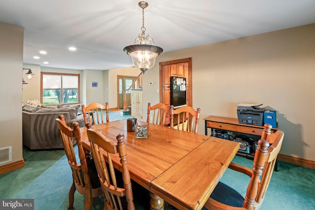 705 Franklinville Rd, Mullica Hill, NJ 08062 - dining room with recessed lighting, visible vents, dark carpet, an inviting chandelier, and baseboards