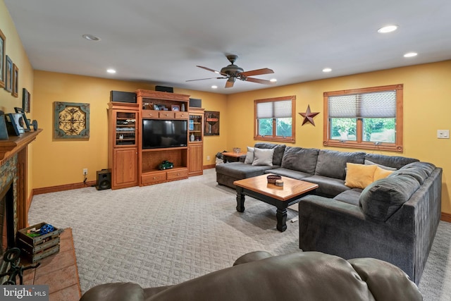 705 Franklinville Rd, Mullica Hill, NJ 08062 - living area featuring light carpet, a fireplace, baseboards, and recessed lighting