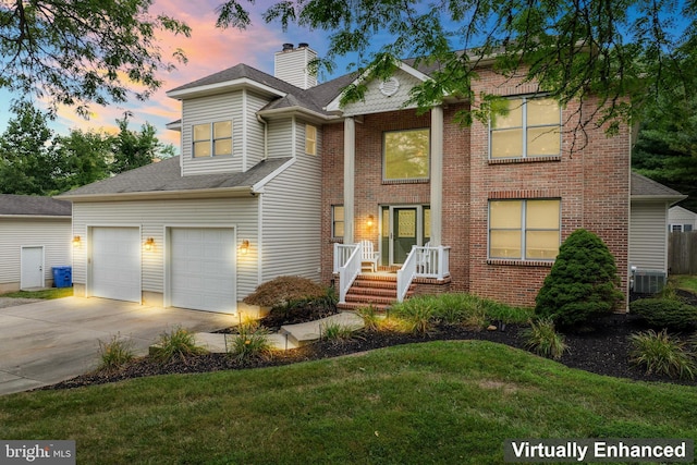 705 Franklinville Rd, Mullica Hill, NJ 08062 - view of front facade with central AC unit, a garage, driveway, a yard, and a chimney