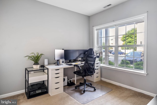 home office with light colored carpet