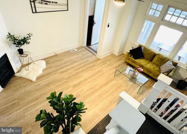 living room featuring ceiling fan, ornamental molding, and light hardwood / wood-style flooring