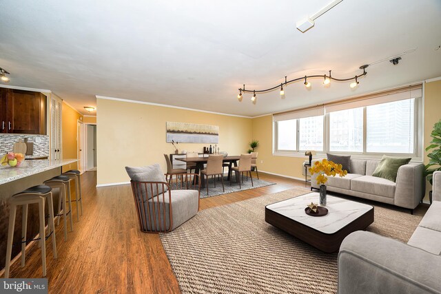 living room with hardwood / wood-style flooring, rail lighting, and crown molding