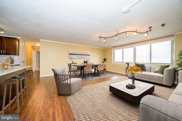 living room with wood-type flooring and ornamental molding