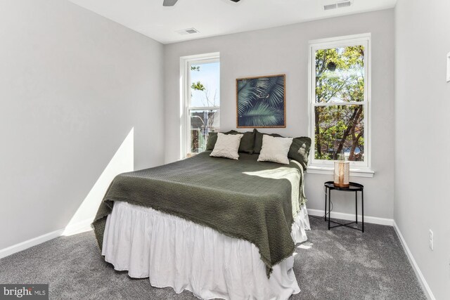 carpeted bedroom featuring ceiling fan and multiple windows