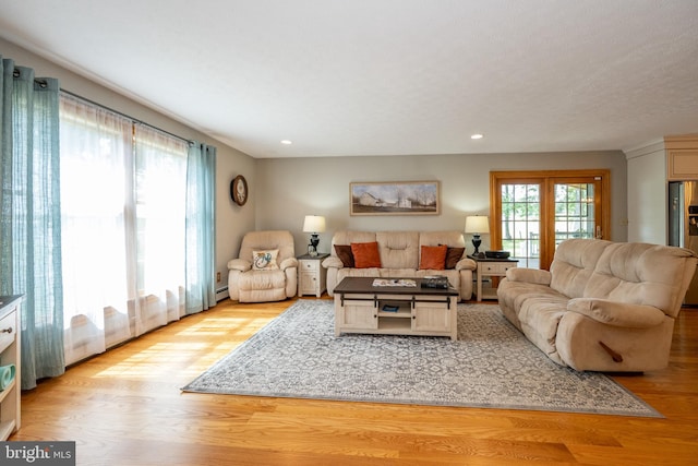 living room with light hardwood / wood-style flooring and french doors