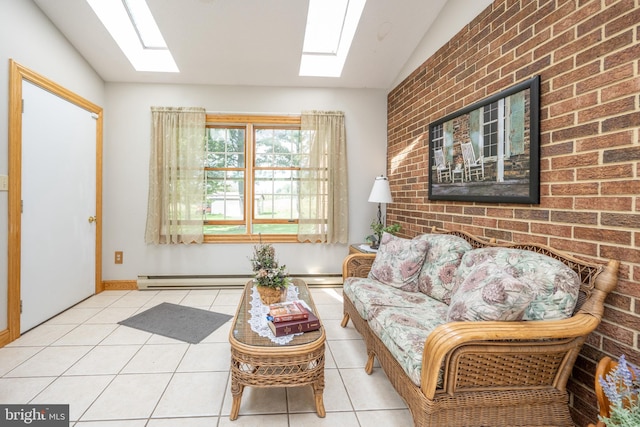 living room with light tile patterned flooring, a baseboard heating unit, lofted ceiling with skylight, and brick wall