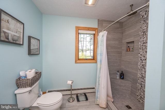 bathroom with a textured ceiling, toilet, a baseboard radiator, and a shower with shower curtain