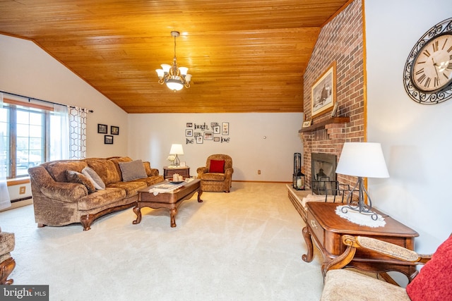 living room with brick wall, wooden ceiling, and light colored carpet