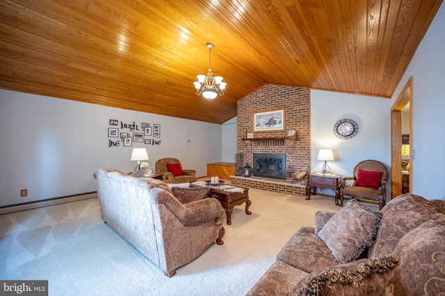 living room featuring brick wall, light carpet, wooden ceiling, and a fireplace