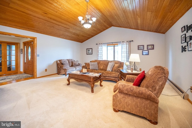 living room featuring an inviting chandelier, wooden ceiling, and light colored carpet