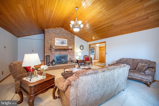 living room with a chandelier, light colored carpet, brick wall, a brick fireplace, and vaulted ceiling