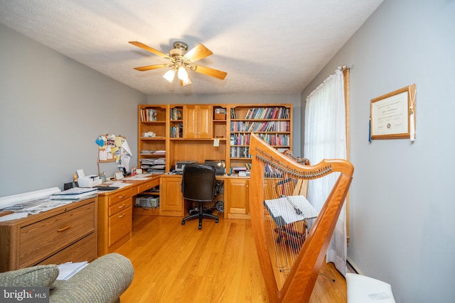 home office featuring light hardwood / wood-style floors and ceiling fan