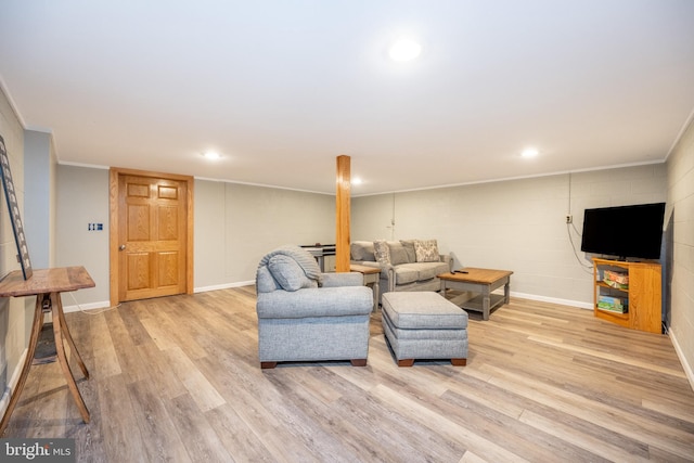 living room with ornamental molding and light hardwood / wood-style floors