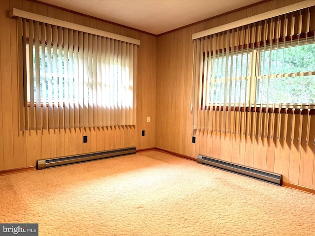 carpeted spare room featuring wooden walls, a baseboard heating unit, and a healthy amount of sunlight