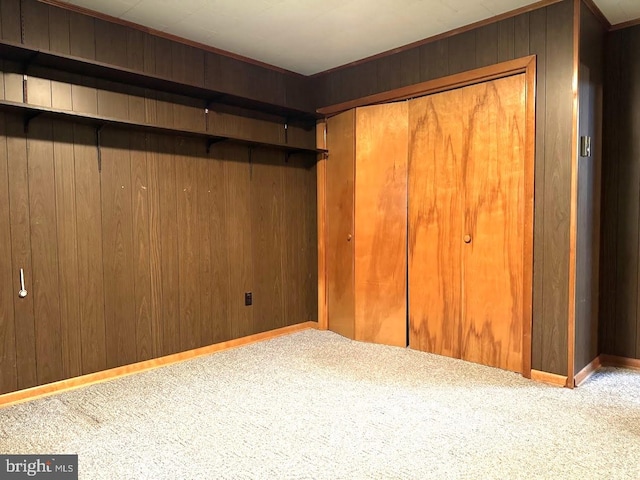 interior space with wood walls, a closet, and carpet floors