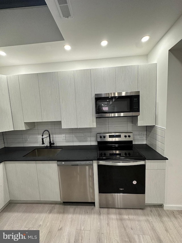 kitchen featuring stainless steel appliances, sink, backsplash, and light hardwood / wood-style floors