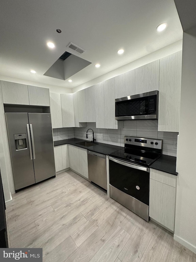 kitchen with sink, backsplash, light hardwood / wood-style floors, and appliances with stainless steel finishes