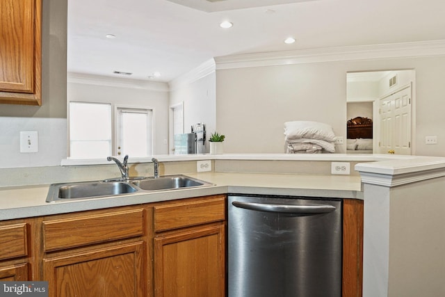 kitchen featuring crown molding, dishwasher, and sink