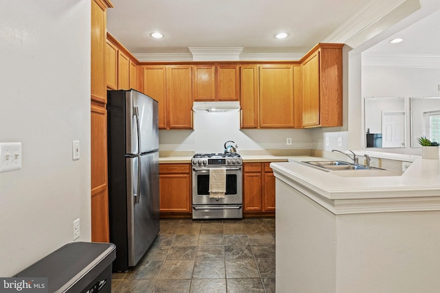 kitchen with kitchen peninsula, appliances with stainless steel finishes, sink, and crown molding