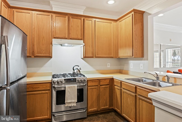 kitchen with appliances with stainless steel finishes, ornamental molding, and sink