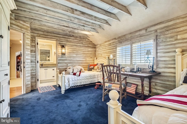 bedroom with dark colored carpet, vaulted ceiling with beams, sink, and rustic walls