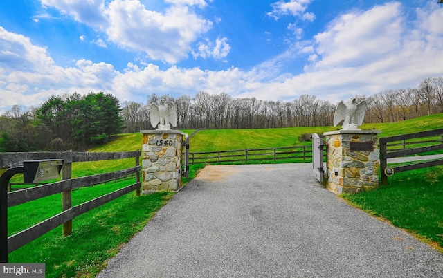 view of gate with a rural view and a lawn