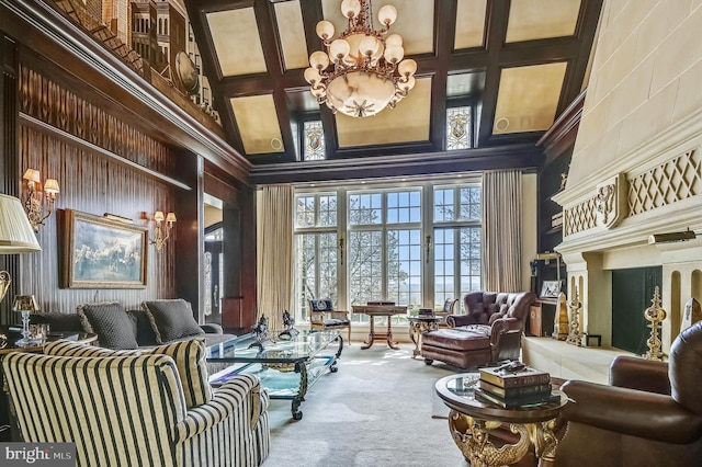 interior space with an inviting chandelier, carpet floors, and a high ceiling