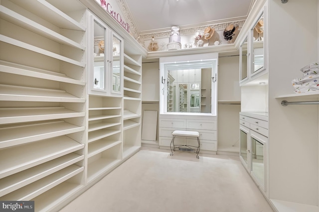 spacious closet featuring light carpet