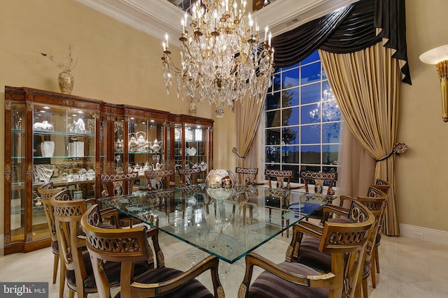 tiled dining space featuring a towering ceiling and an inviting chandelier