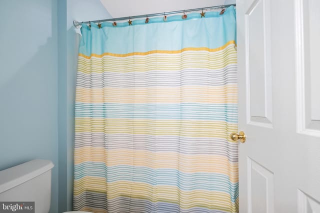 bathroom featuring toilet and a shower with shower curtain