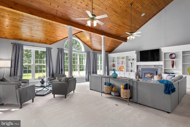 living room featuring ceiling fan, light colored carpet, wooden ceiling, and high vaulted ceiling