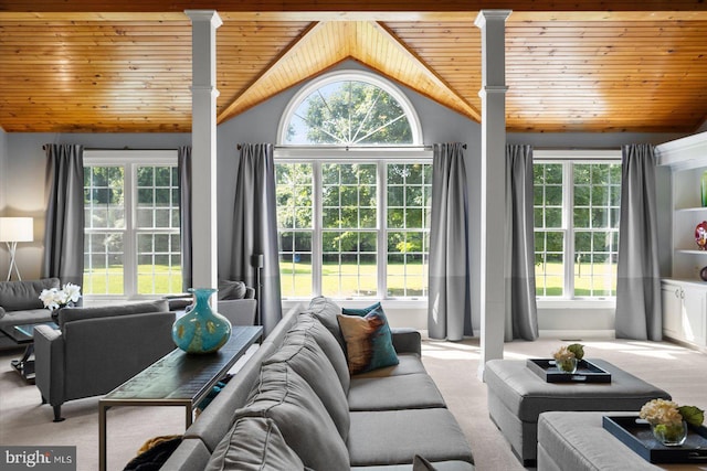 carpeted living room featuring vaulted ceiling and wooden ceiling