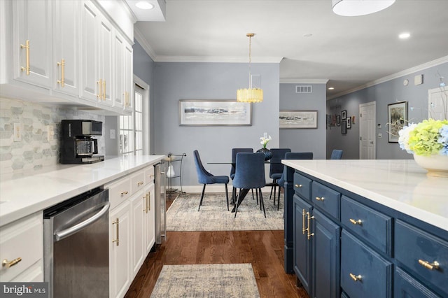 kitchen featuring hanging light fixtures, dishwasher, white cabinets, and blue cabinets