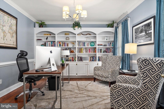 office featuring ornamental molding, a chandelier, and light hardwood / wood-style floors