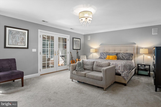 bedroom with ornamental molding, carpet floors, access to exterior, and french doors